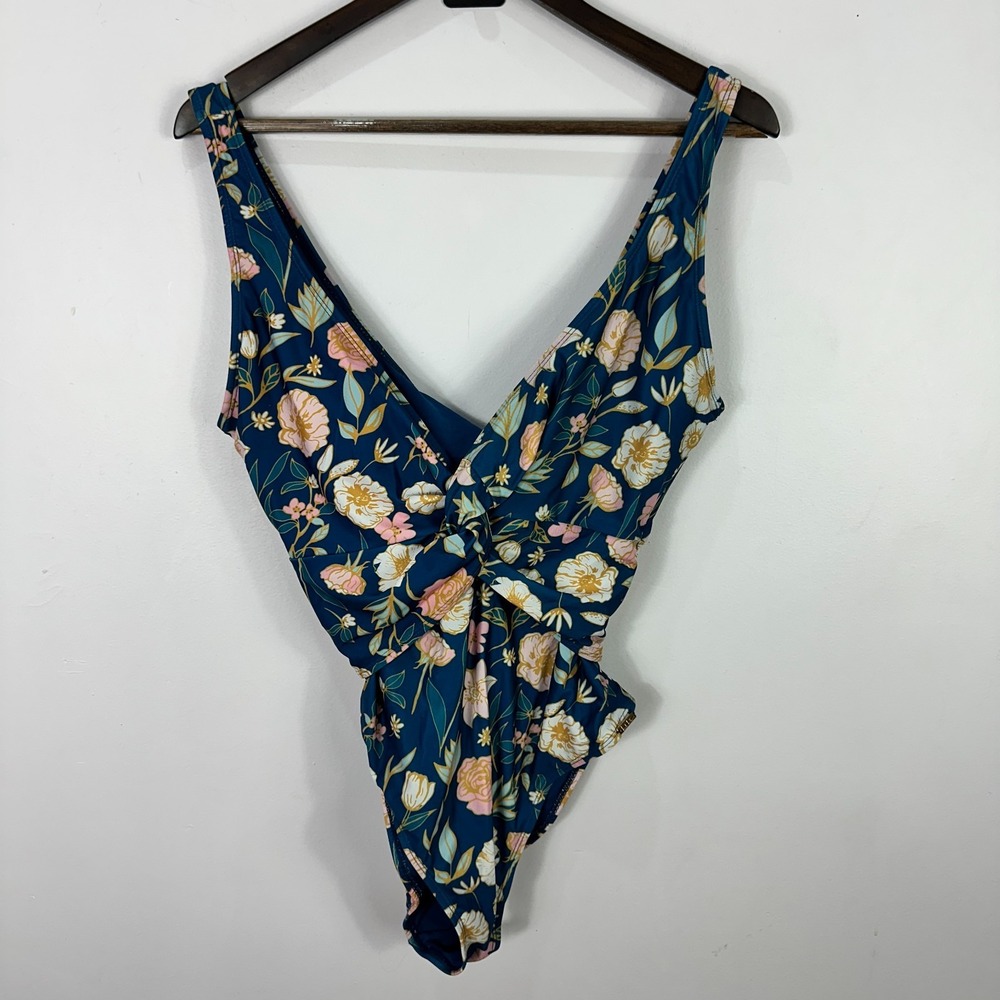 Nicole Miller Studio One Piece Swimsuit Womens L Teal Floral Twist V-Neck